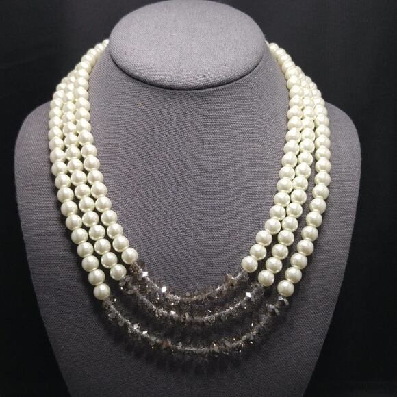 Glass Pearl Smoky Gray Crystal Necklace, Three Strands, 8mm Beads, 21 Inches - Picture 2 of 8